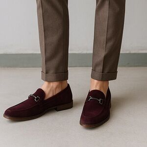 Moss London Burgundy Suede Loafers Mens Size 41 EU (8 US) Slip-On Bit Buckle
